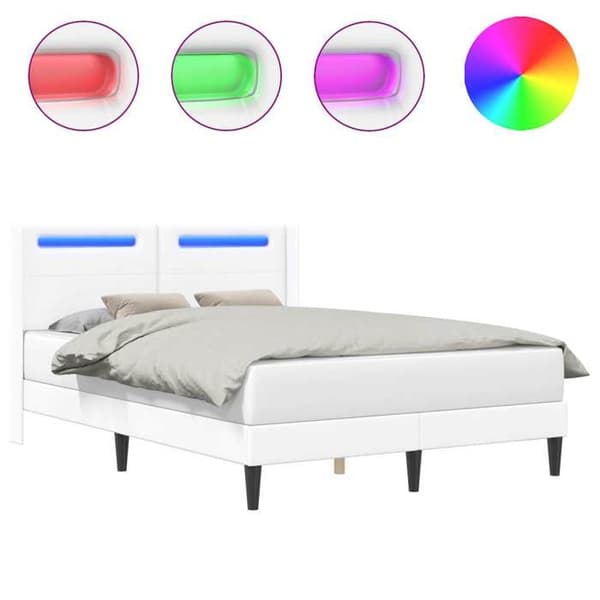 Sengestel - EKSKLUSIV HUS - 140 x 200 cm - Kunstlæder - Multifarvede LED-striber - USB-port Vit