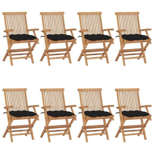Havestole - Eksklusivt Hus - Massiv Teak - Sorte puder - Sæt af 8 foldbare svart (kuddar)