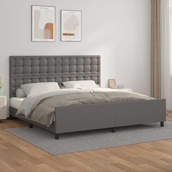 Sengestel - EKSKLUSIV HUS - 200x200 cm - Grå kunstlæder - Justerbar hovedgærde - Krydsfiner lameller Grå