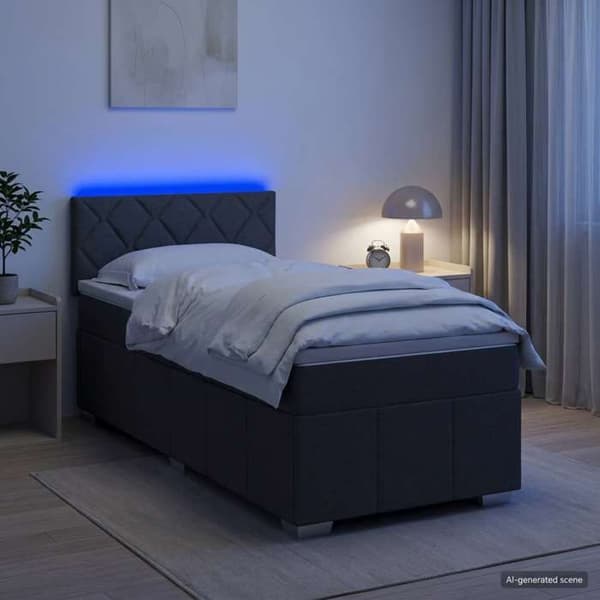 Sängram med madrass - EXKLUSIV HEM - Boxspring säng - 90 x 190 cm - Mörkgrå tyg - Inbyggd LED Mörkgrå