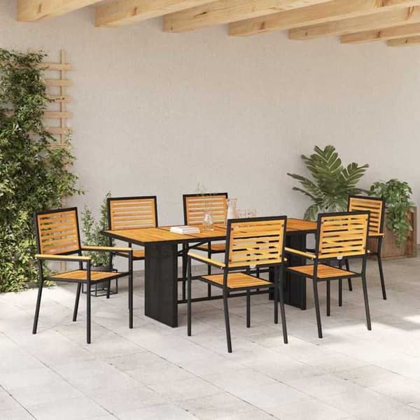 Ensemble bord och stolar - EXKLUSIV HEM - 7 delar - Poly rattan - Akaciabord - Rostfritt stålram brun