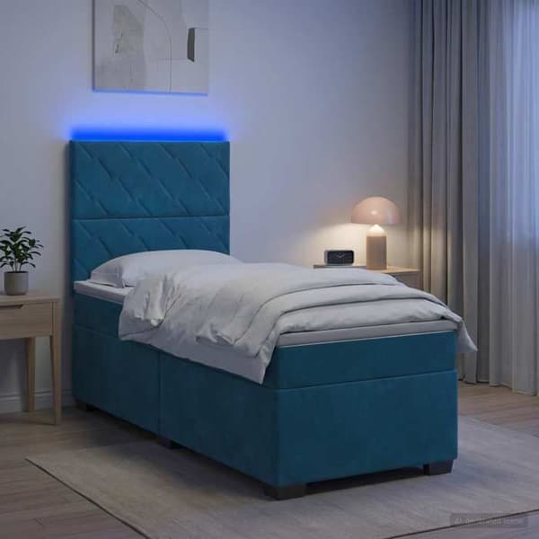 Sengestel - EKSKLUSIV HUS - Boxspring seng - Blå 90 x 190 cm - Justerbar hovedgærde - LED USB - Velour Blå