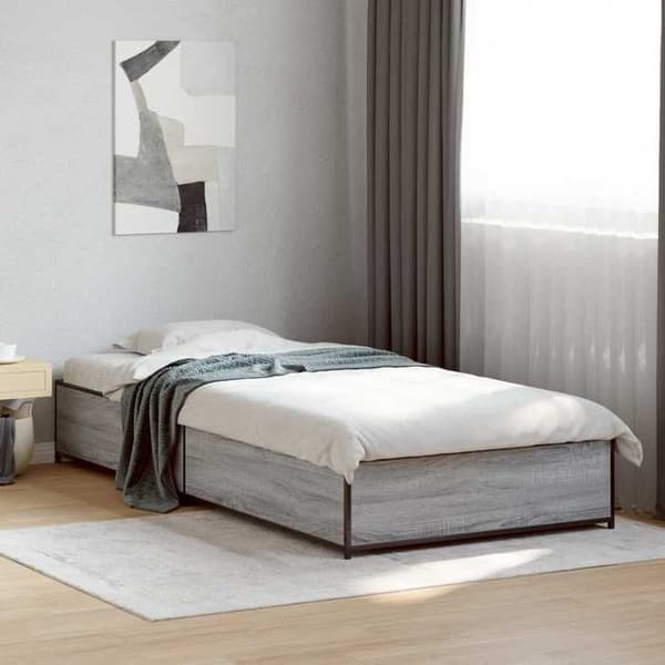 Sengestel - EKSKLUSIV HUS - Sonoma grå - Ingeniørtræ - Sorte stålben - Stive lameller 80 x 200 cm Sonoma grå