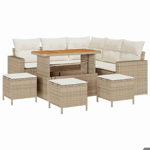 Trädgårdsmöbelset - EXKLUSIV HEM - 9 delar - Beige - Poly rattan & akacia - Modulerbar stålram beige