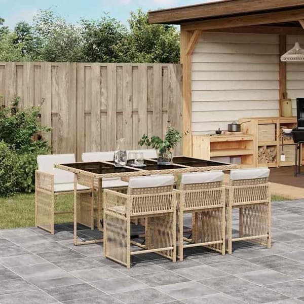 Havemøbler - EKSKLUSIVT HUS - Sæt 7 stk - Beige - Poly rattan - Tempereret glas bordplade beige