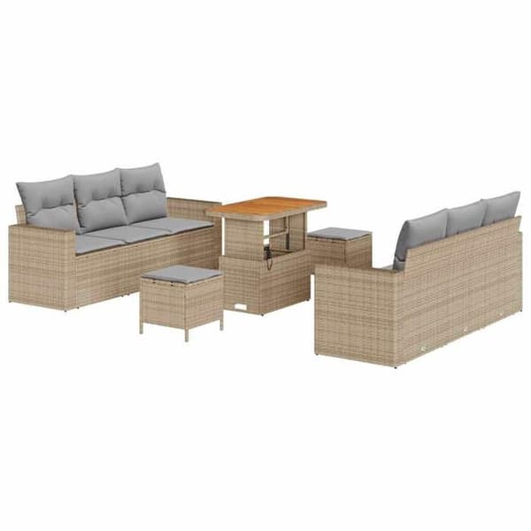 Trädgårdsoffmöbel - EXKLUSIVT HUS - Set 9 delar - Modulär - Poly rattan & akacia - Justerbart bord beige