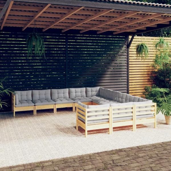 Maison Exclusive - 11 osan puutarhakalustesarja harmailla tyynyillä, mäntyä grå
