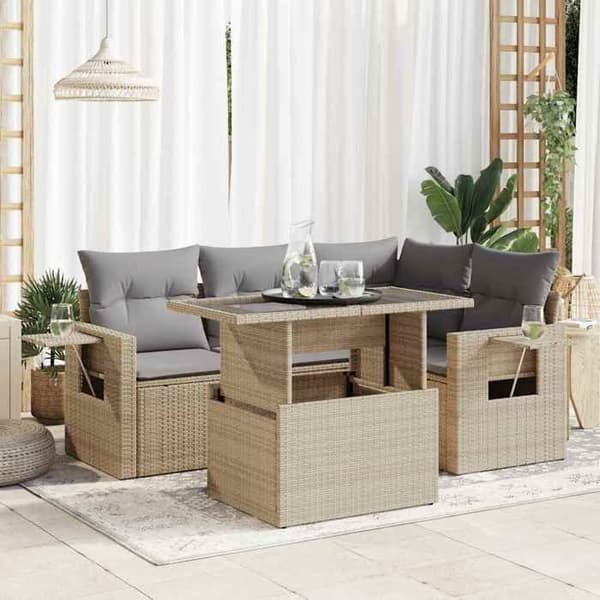 Maison Exclusive - Trädgårdsmöbler med kuddar 5 delar beige flätad resin beige