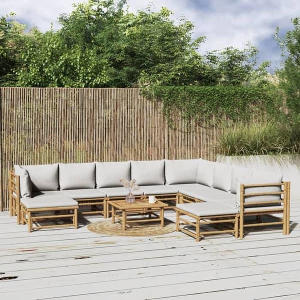 Havemøbler - EKSKLUSIVT HUS - 11 dele - Bambus - Lysegrå puder - Modulerbar ljusgrått