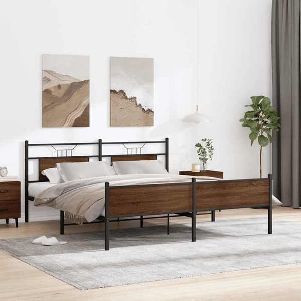 Sengestel - EKSKLUSIV HUS - 183 x 213 cm - Stål & brunt egetræ - Lamelseng - Opbevaring under sengen brun ek