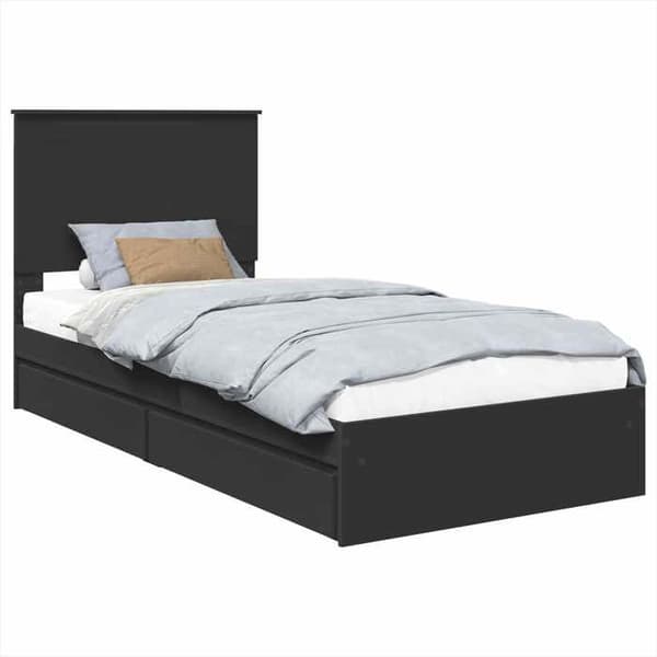 Opbevaringsseng - EKSKLUSIV HUS - 90 x 190 cm - Ingeniørtræ - Sort - Indbyggede skuffer Svart