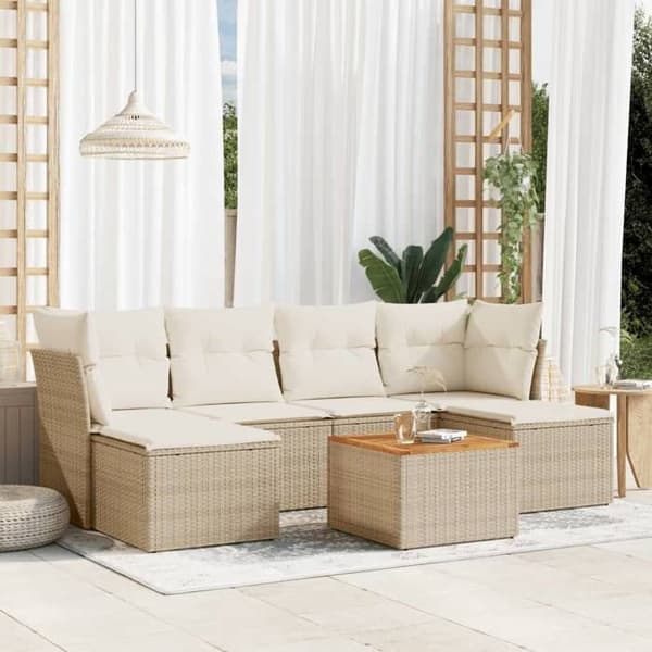 Maison Exclusive - Trädgårdsmöbler med kuddar 7 delar beige flätad resin