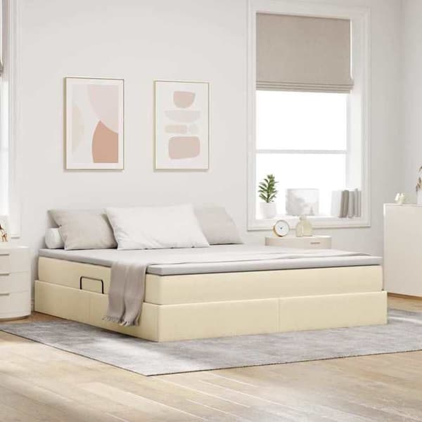 Sengestel med madras - EKSKLUSIV HUS - 160x200 - Creme - Polyester - Hydraulisk opbevaring Grädde