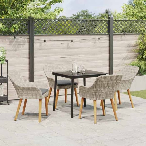 Trädgårdsmöbler - EXKLUSIVT HUS - 5-delars set - Ljusgrå poly rattan - Stålram - Utomhuskuddar Ljusgrått