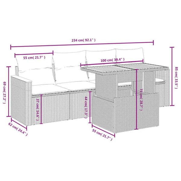 Maison Exclusive - Trädgårdsmöbler 5 delar med grå kuddar i flätad resin