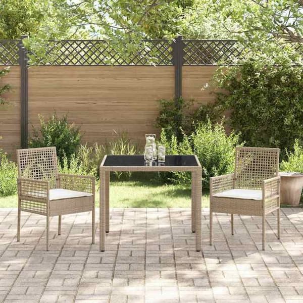 Spisestue sæt - EKSKLUSIV HUS - 3 dele - Beige - Poly rattan - Tempereret glas plade beige