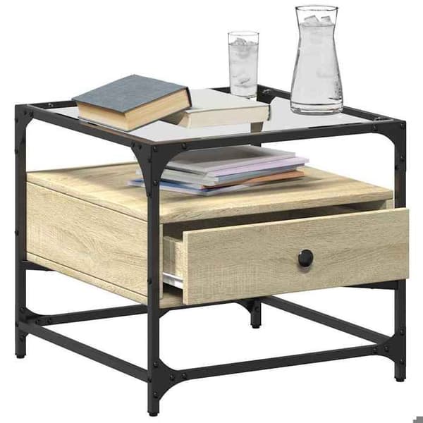 Bord - EKSKLUSIV HUS - 50x50x45 cm - glasplade - rustfrit stål - Sonoma eg Sonoma ek