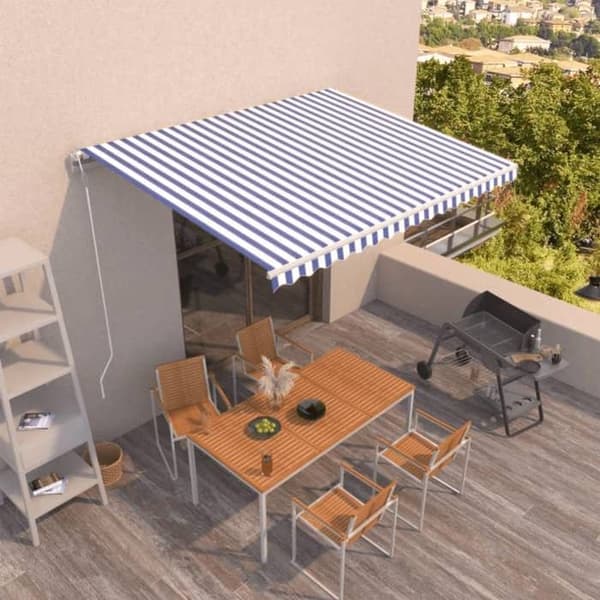 Fällbart tak - EXKLUSIVT HUS - 450x350 cm - Blå och vit - Rostfritt aluminiumram - Polyester PU tyg Blå och vit