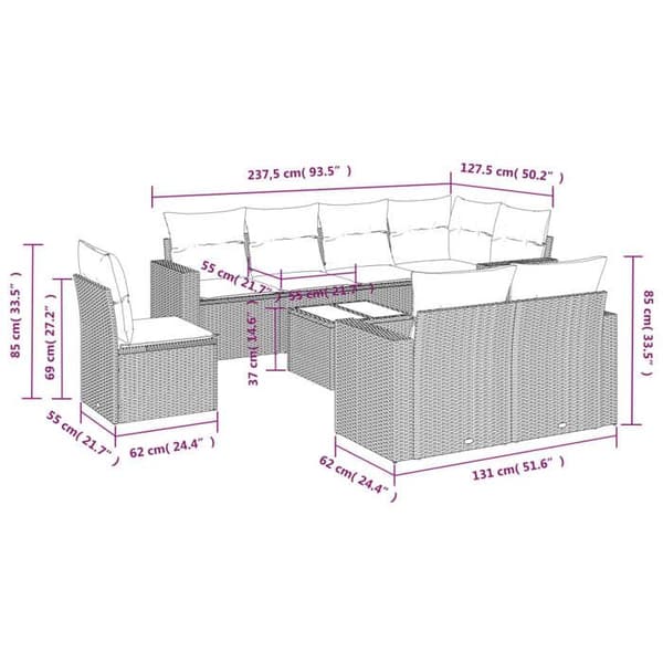 Maison Exclusive - Trädgårdsmöbler 9 delar med grå kuddar i flätad resin
