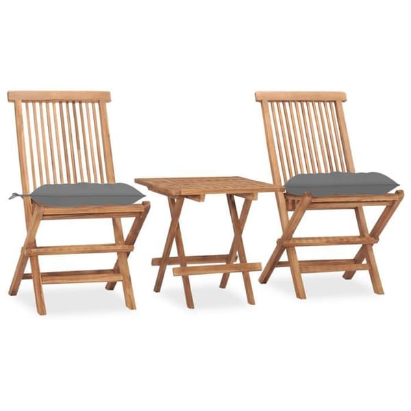 Ensemble bord och stolar - Exklusivt Hem - Fällbar - Väderbeständig teak - Grå kuddar Grå (kudde)