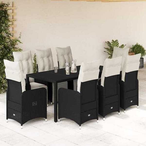Ensemble bistro - EKSKLUSIVT HUS - 9 dele - Poly rattan - Sort - Bord i hærdet glas Svart (kuddar)