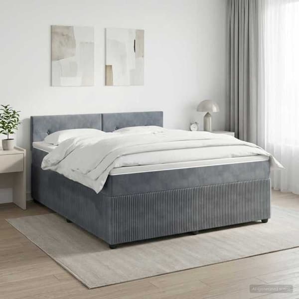 Sängram med madrass - EXKLUSIV HEM - Sammet - 140 x 190 cm - Mörkgrå - Inbyggd LED Mörkgrå