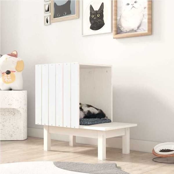 Kattemiljø - EKSKLUSIVT HUS - 60x36x60 cm - Massivt fyrretræ - Hvid - Rektangulær Vit