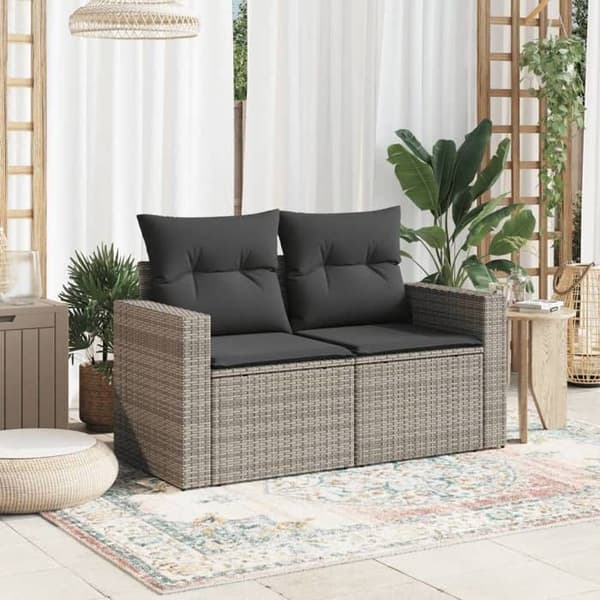 Maison Exclusive - Trädgårdssoffa 2 platser med grå kuddar i flätad resin