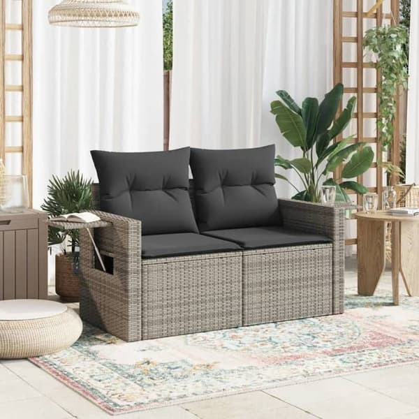 Maison Exclusive - Trädgårdssoffa 2 platser med grå kuddar i flätad resin