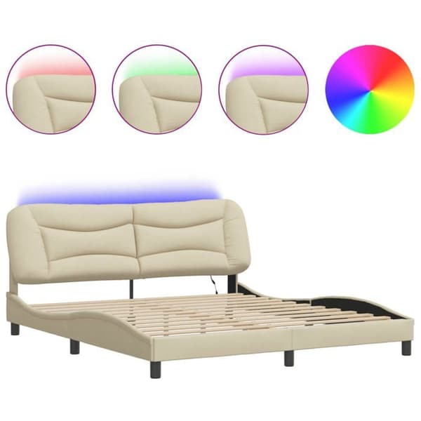 Sengestel - EKSKLUSIV HUS - Hvar - 180x200 cm - Cremefarvet stof - Fastgørbare LED-striber Grädde