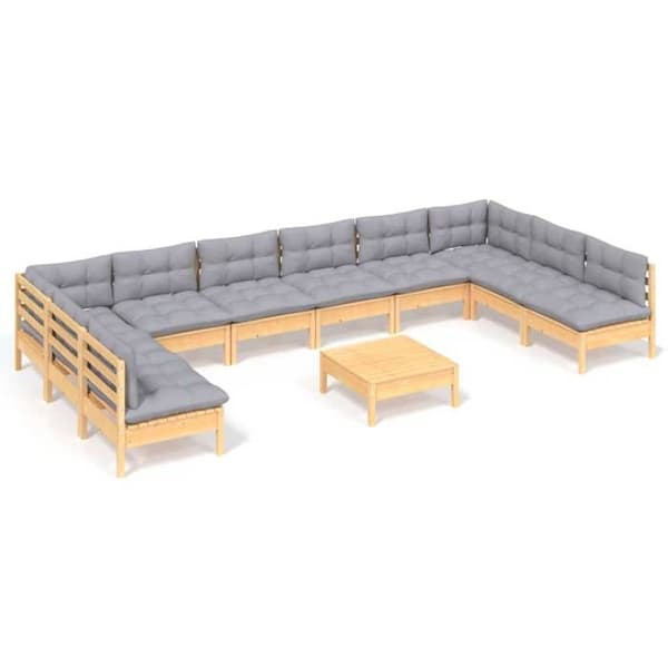 Maison Exclusive - Trädgårdsmöbler 11 delar med grå kuddar i solid furu Grå (kuddar)
