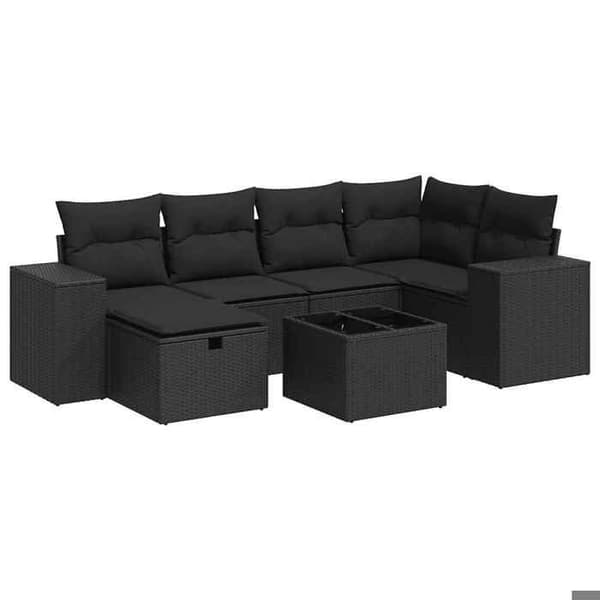 Maison Exclusive - Trädgårdsmöbler 7 delar med svarta kuddar i flätad resin
