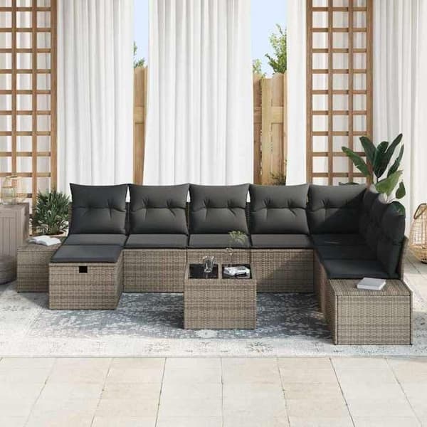 Maison Exclusive - 9-delars trädgårdsoff-set i grå polyrotting