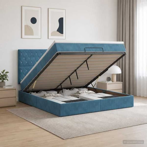 Maison Exclusive - Säng med förvaring och madrass samt mörkblå LED 140 x 200 cm Sammet