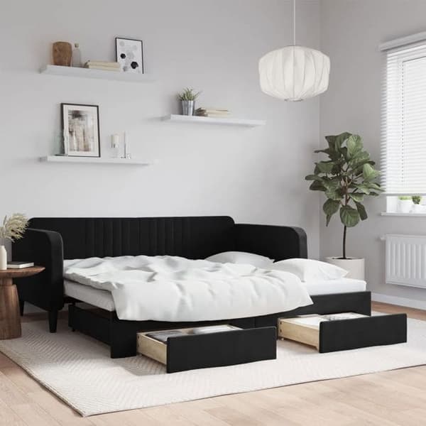 Päivävuode - EXCLUSIVE-TALO - 90x190 cm - Musta sametti - Daybed - 2 laatikkoa Svart