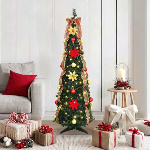 Kunstig juletræ - EKSKLUSIV HUS - Art Deco - 155 cm - 100 forudbelyste LED - USB pop-up foldbart Grön