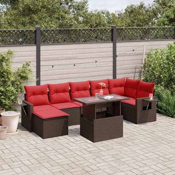 Maison Exclusive - 8-delars trädgårdsoff-set med bruna kuddar i flätad resin brun