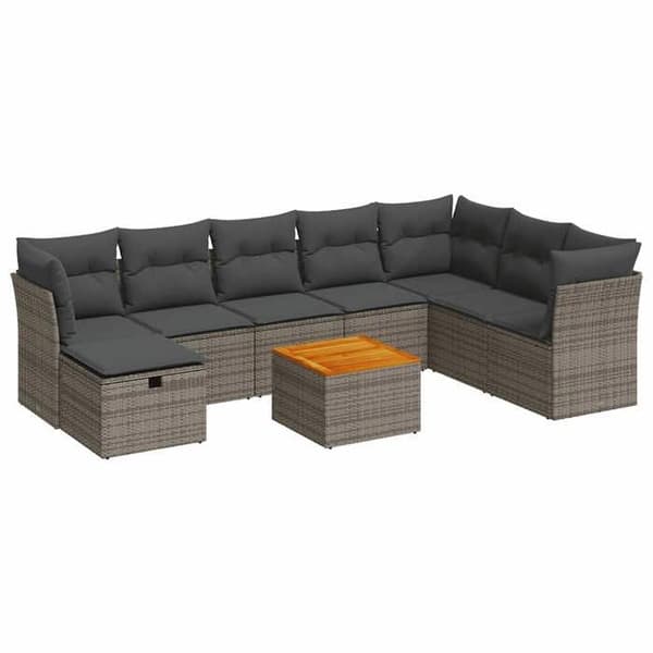 Maison Exclusive - Trädgårdsmöbler 9 delar med grå kuddar i flätad resin