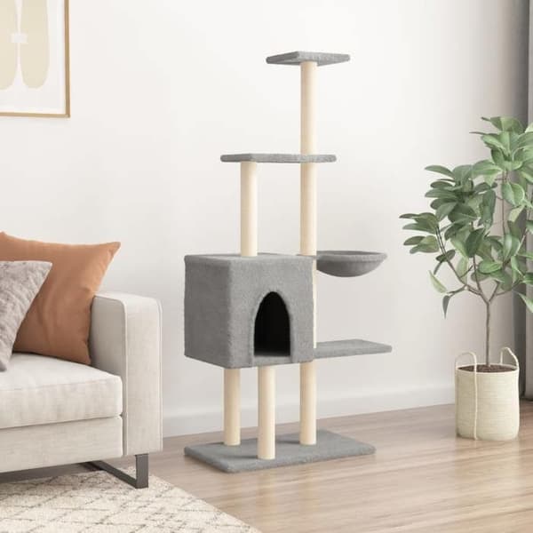 Kattetræ - Eksklusivt hus - Lys grå - 145 cm - Sisal stolper Ljusgrått