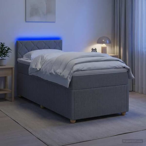 Boxspring seng - MAISON EXCLUSIVE - Boxspring seng med madras og LED - Lys grå - 90 x 190 cm - Justerbar hovedgærde 78/88 cm Ljusgrått