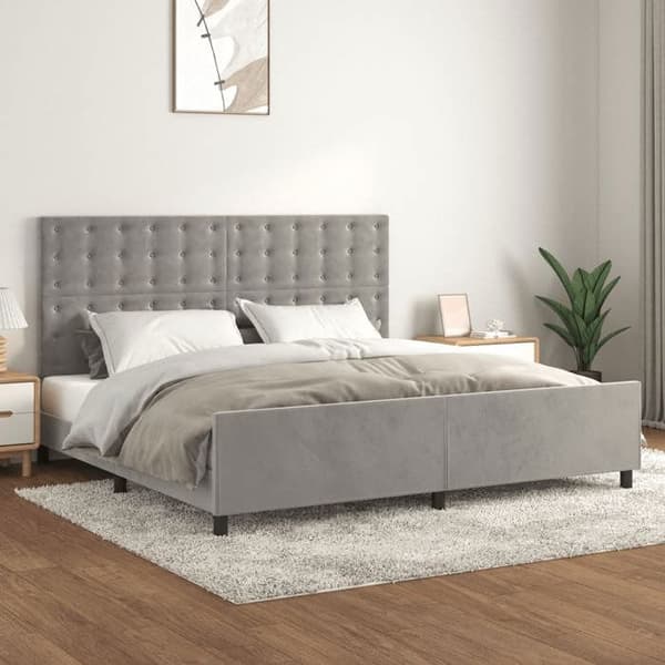 Sengestel - EKSKLUSIV HUS - 200x200 cm - Lys grå velour - Justerbar hovedgærde - Krydsfiner lameller ljusgrått