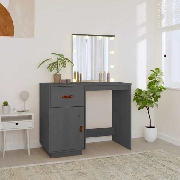 Frisör - EXKLUSIVT HUS - 95×50×133,5 cm - Massivt trä - LED-spegel (USB) - Låda & dörr Grå