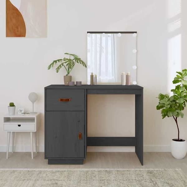Frisör - EXKLUSIVT HUS - 95×50×133,5 cm - Massivt trä - LED-spegel (USB) - Låda & dörr Grå