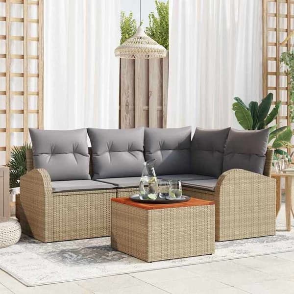 Havemøbler - EKSKLUSIVT HUS - Modulerbart - 5 dele - Beige og lys grå - Polyrotin & akacietræ Beige och Ljusgrå