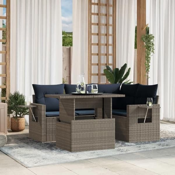 Trädgårdsmöbelset - EXKLUSIV HEM - 5-delars set - Grå PE-rattan - Tjocka kuddar - Justerbart bord Grå (kuddar)