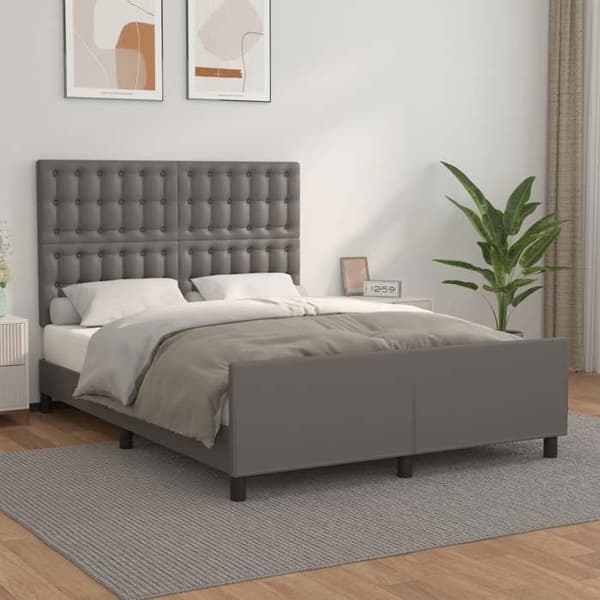 Sengestel - EKSKLUSIV HUS - 140x200 cm - Syntetisk læder - Grå - Justerbar hovedgærde grå