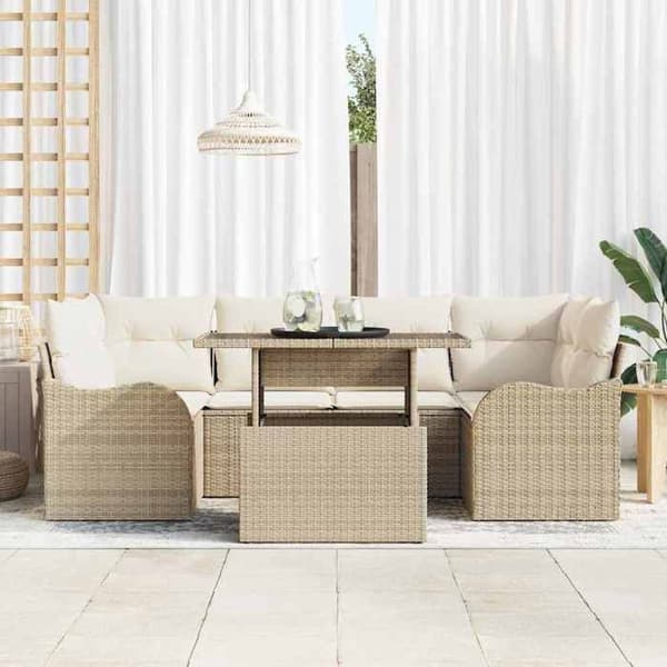 Trädgårdsmöbelset - EXKLUSIVT HUS - Modulärt - 7 delar - Poly rattan beige - Justerbart bord beige