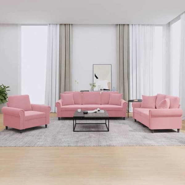 Maison Exclusive - 3-delars soffgrupp med rosa sammetkuddar Ros