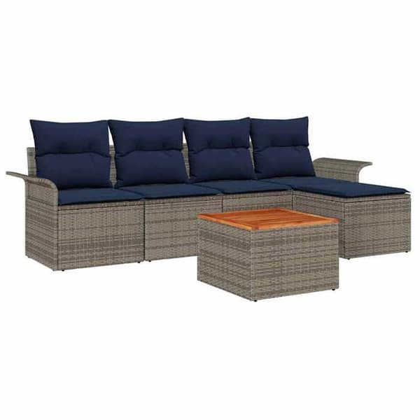 Modulær have-sofa - EKSKLUSIV HUS - Sæt med 6 dele - Poly rattan - Grå & marineblå - Akacietræ bord Grå och marinblå