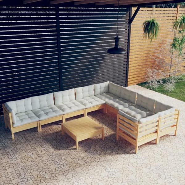 Maison Exclusive - 10 osan puutarhakalustesarja vaaleilla tyynyillä, mäntyä Grädde